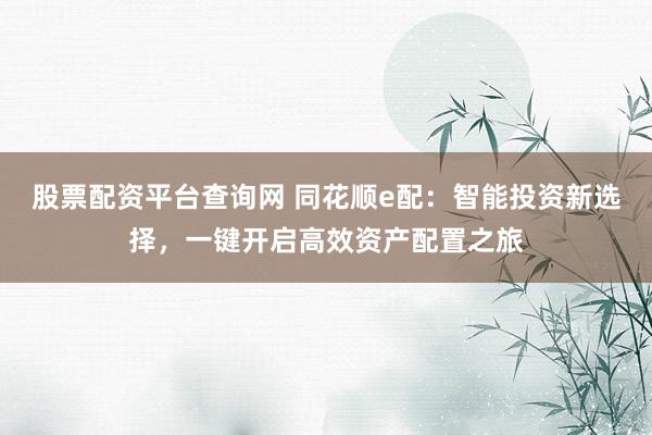 股票配资平台查询网 同花顺e配：智能投资新选择，一键开启高效资产配置之旅